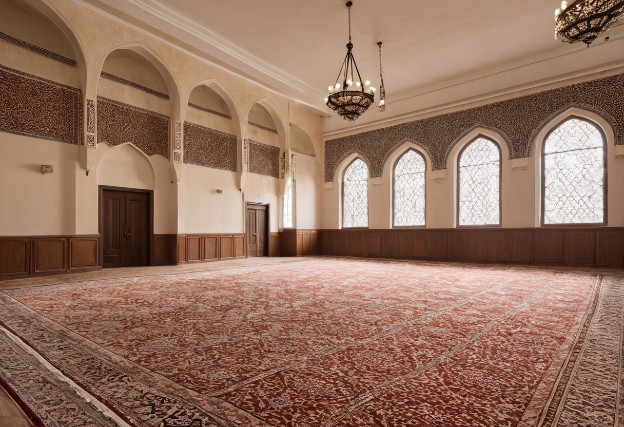 Community hall interior with arched windows and geometric patterns
